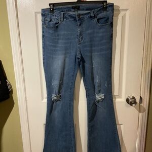 Pink Label Denim Co. High Rise Boot Flare Stretch Distressed Knee